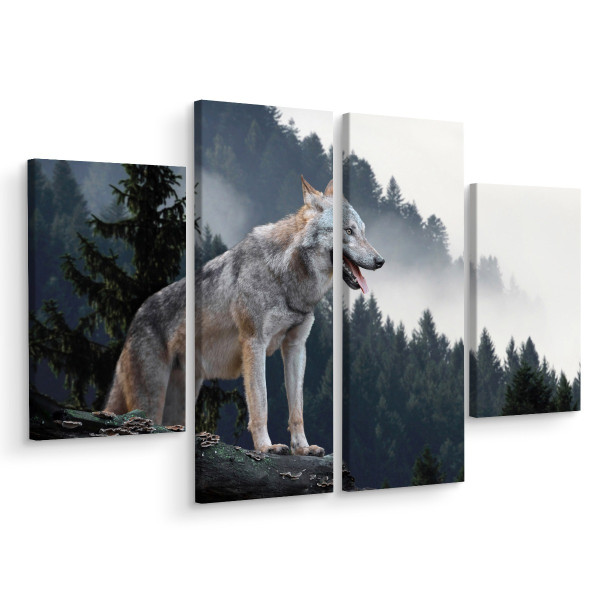 Obraz 4-Częściowy WILK w Lesie Pejzaż 3D 120x90cm 135741