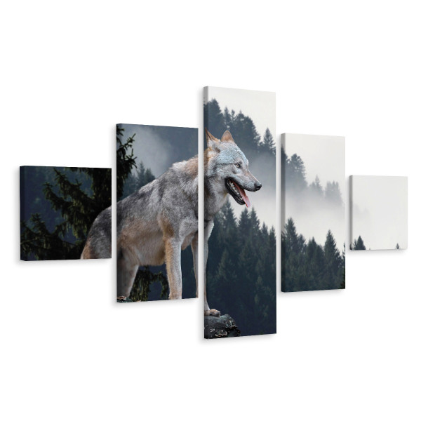 Obraz 5-Częściowy WILK Las we Mgle Natura 250x150cm 138905