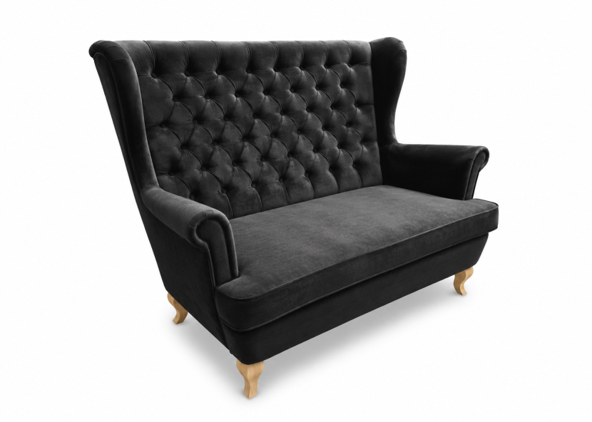 Sofa uszak 2-osobowa Glamour czarna velvet głęboko pikowana nogi ludwik 238841