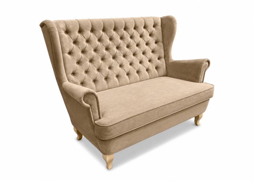 Sofa uszak 2 osobowa glamour pikowana welur beż nogi sonoma designerska 238832