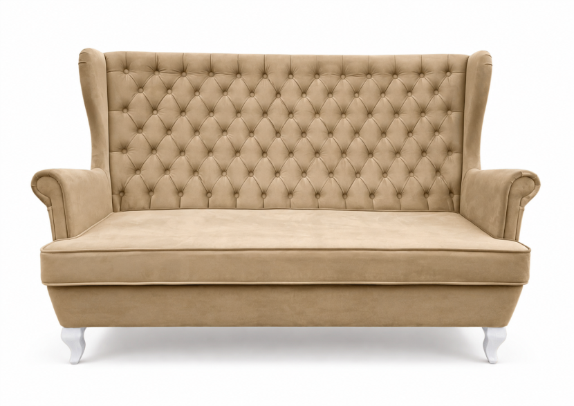 Sofa uszak Chesterfield 3 osobowa pikowana glamour beżowa 238826