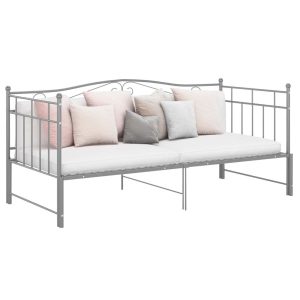 Sofa z wysuwaną ramą łóżka, szara, metalowa, 90×200 cm 432518