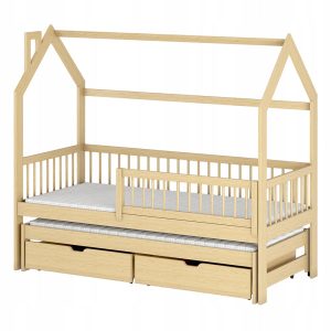 Sosnowe łóżko domek z dwoma szufladami i stelażem flex PAPI 80×200 869186 Sosnowe łóżko domek z dwoma szufladami i stelażem flex PAPI 80×200 869186