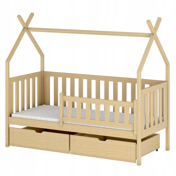 Sosnowe łóżko dziecięce w kształcie domku tipi SIMBA 80x200 ze stelażem 878781
