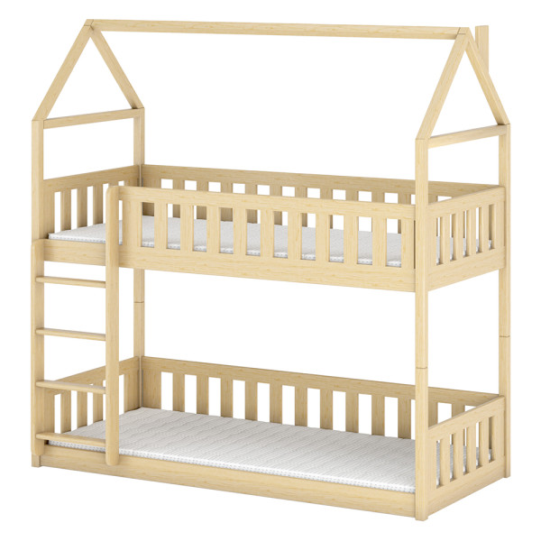 Sosnowe łóżko piętrowe w kształcie domku POLA 80x190 ze stelażem flex 872096