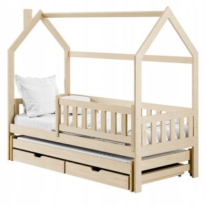 Sosnowe łóżko w kształcie domku z szufladami i stelażem flex MONKEY 80×200 869165