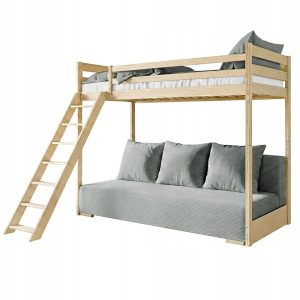 Sosnowe łóżko z drabiną i antresolą SOFINO 90×200/140×200 z szarą sofą 879151 Sosnowe łóżko z drabiną i antresolą SOFINO 90×200/140×200 z szarą sofą 879151