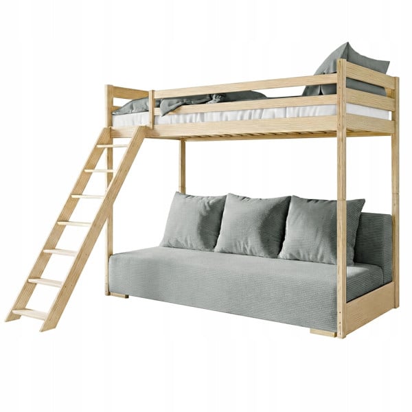 Sosnowe łóżko z drabiną i antresolą SOFINO 90x200/140x200 z szarą sofą 879151
