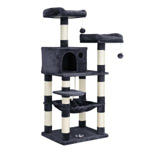 Stabilny Drapak dla Kota 143 cm z Platformami Hamakiem i Zabawki Szary 646087 Stabilny Drapak dla Kota 143 cm z Platformami Hamakiem i Zabawki Szary 646087