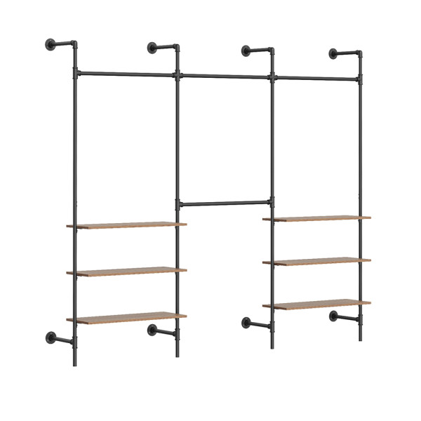 Stojak garderobowy ścienny z 6 półkami Czarny/Drewno 265x48x220cm KLS19-SCH 1007006