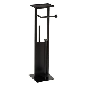 Stojak łazienkowy na papier toaletowy z półką i szczotką WC metal czarny 1036199 Stojak łazienkowy na papier toaletowy z półką i szczotką WC metal czarny 1036199