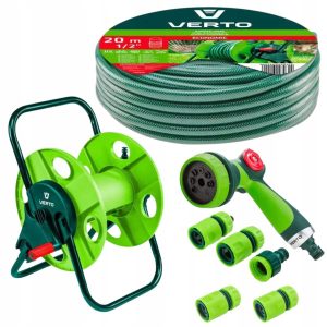Stojak + Wąż Ogrodowy 20m 1/2” + Zraszacz + Złączki VERTO 218524