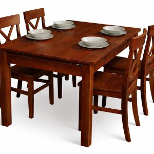 Stół Madura rozkładany 140/205×90 z drewna z 4 krzesłami, kolor kasztan 937552 Stół Madura rozkładany 140/205×90 z drewna z 4 krzesłami, kolor kasztan 937552