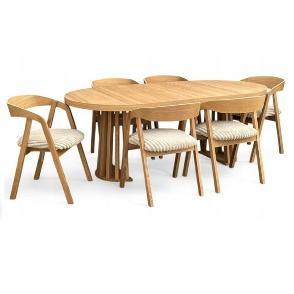 Stół okrągły LAMEL fornir 100/200cm krzesła 6 szt dębowe sztaplowane 871867
